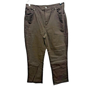 Quacker Factory Lg 5 Pocket Brown Boot Cut Jeans Rhinestone Beads Elastic Waist